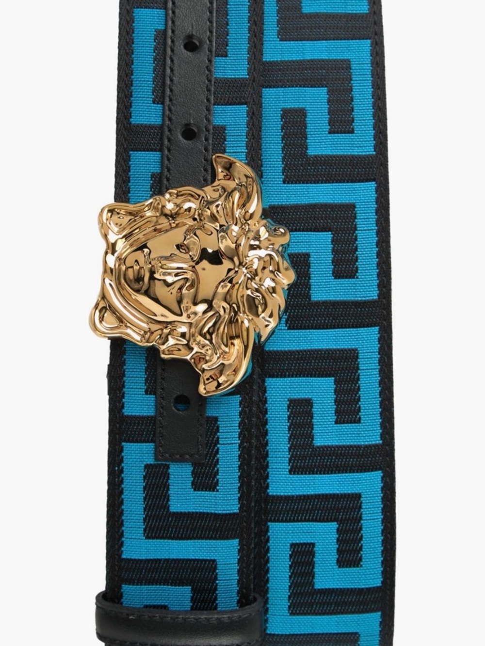 Versace Gold Medusa Buckle Black & Blue Geometric Webbing Belt